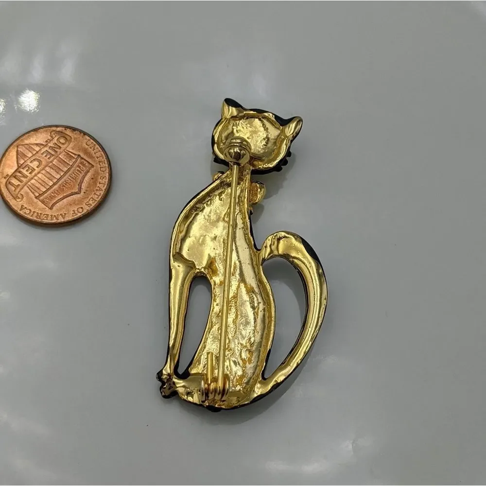 Vintage Black Cat Gold Bow Rhinestone Brooch Pin